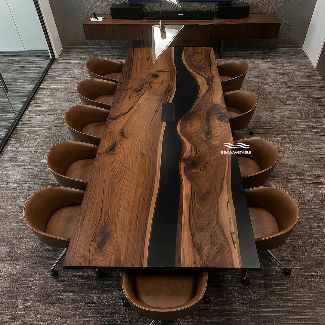 Seawavetable-Custom straight edge black walnut black epoxy conference table central midnight resin river full soft matte finish with built-in portable power socket