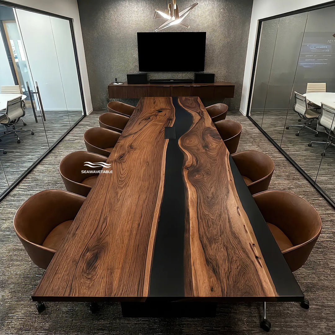 Seawavetable-Oversized custom epoxy conference table solid dual black walnut slabs opaque midnight black resin matte straight edge executive boardroom table