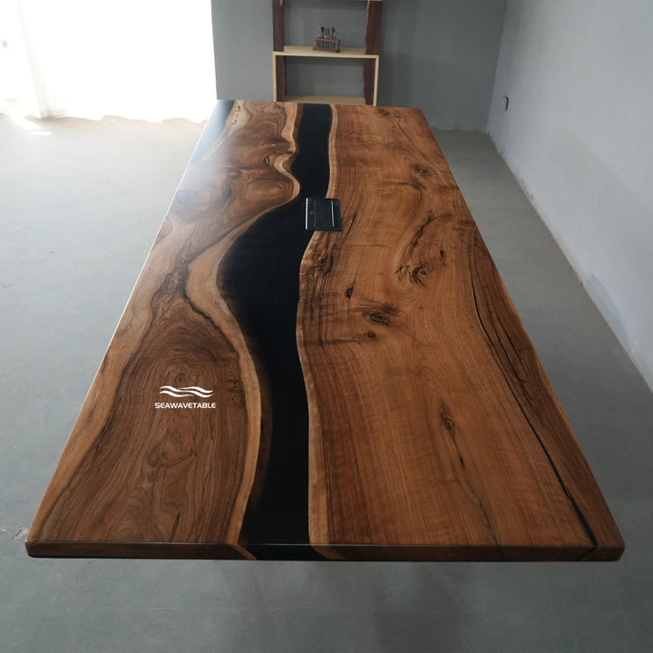 Seawavetable-Premium matte custom epoxy conference table black walnut wood dark black resin central river straight polished edge made to order with power outlet
