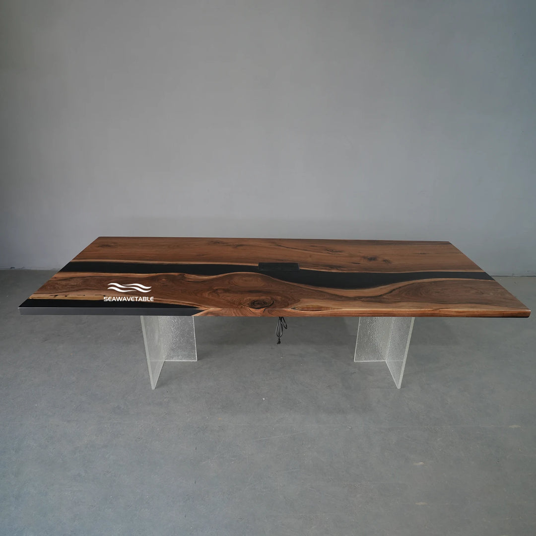 Seawavetable-Custom made straight edge black walnut epoxy conference table solid black swirling resin river uniform soft matte top integrated socket