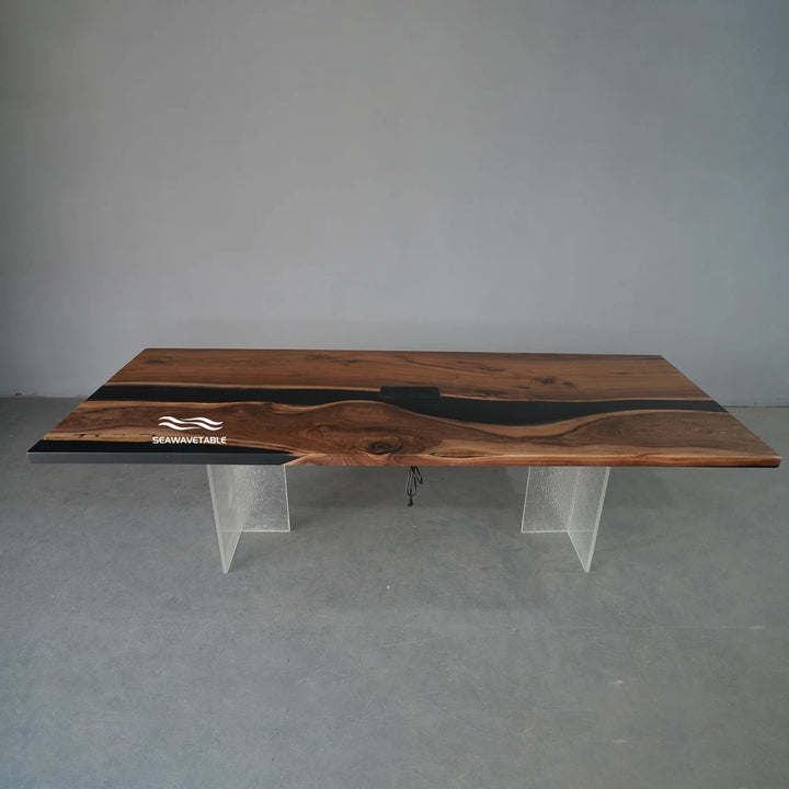Seawavetable-Custom made straight edge black walnut epoxy conference table solid black swirling resin river uniform soft matte top integrated socket