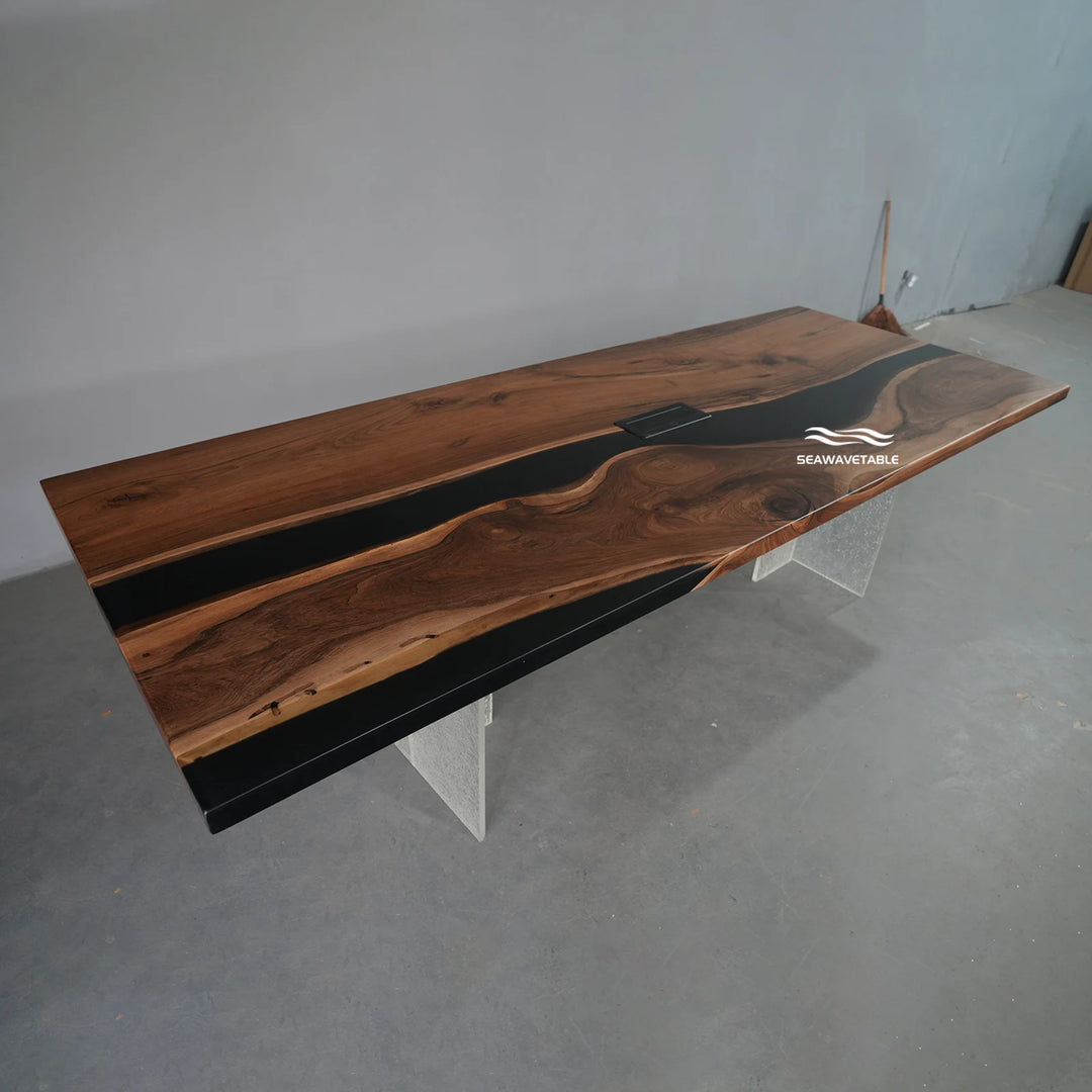 Seawavetable-Minimalist corporate themed epoxy river conference table polished straight edge black walnut full matte finish built-in power port
