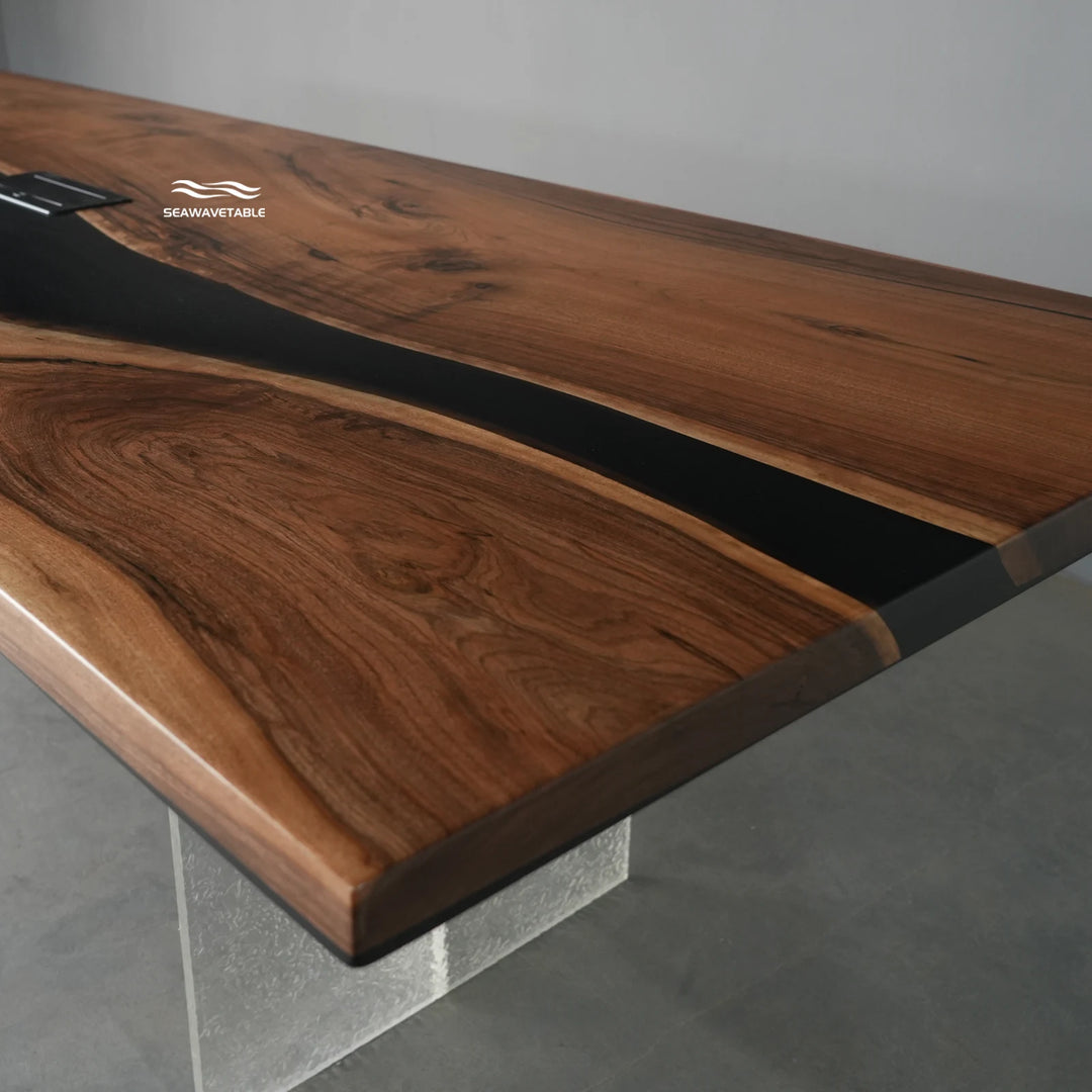 Seawavetable-Upscale rectangular custom epoxy conference table black walnut uniform straight edge layered matte black glossy-free river resin