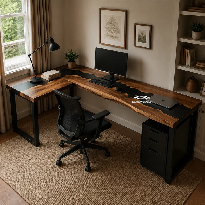 Seawavetable‑Premium L‑shaped epoxy office table black walnut matte finish with continuous black epoxy river