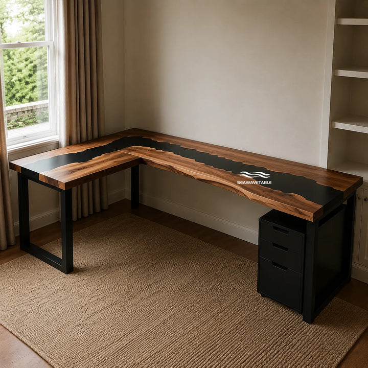 Seawavetable‑Handcrafted epoxy river table solid black walnut angular corner executive desk for home office
