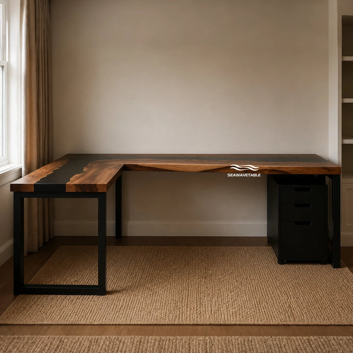 Seawavetable‑Upscale black walnut epoxy table ergonomic workstation with matte black resin