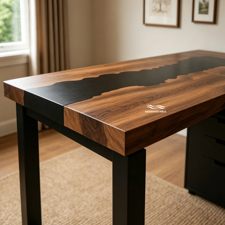 Seawavetable‑Sleek L‑shaped epoxy table heavy‑duty black walnut matte black resin corner work desk