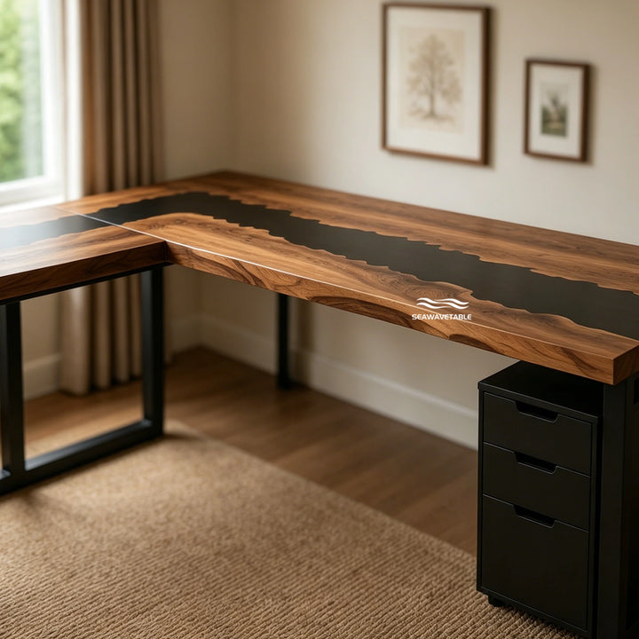 Seawavetable‑Modern statement epoxy table straight edge black walnut wavy black resin river L‑shape desk