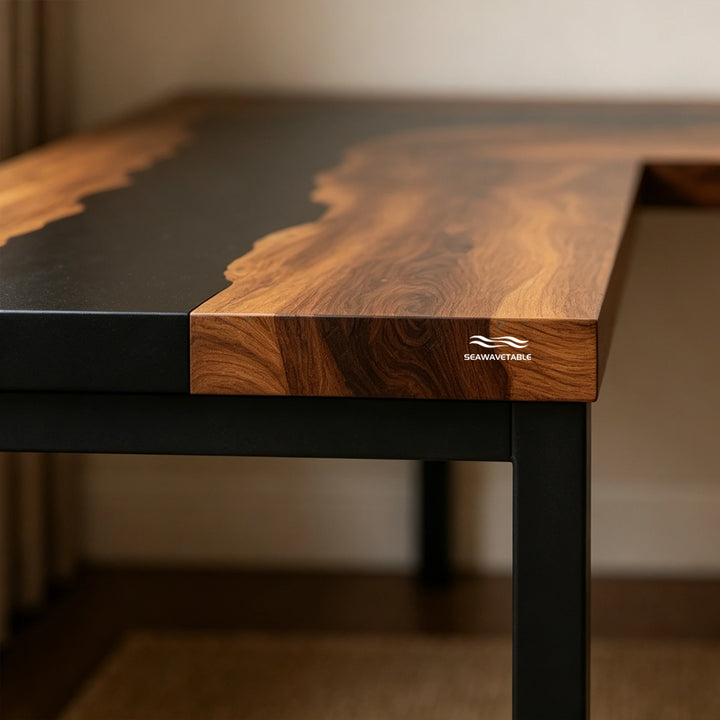 Seawavetable‑Contemporary wavy river modern epoxy table black walnut ergonomic L‑shaped home office desk