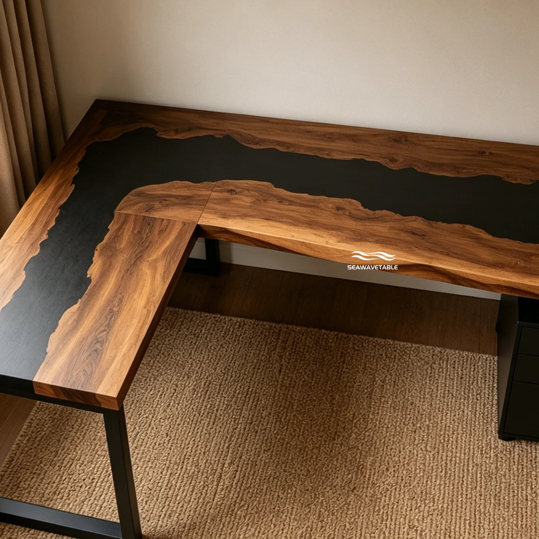 Seawavetable‑Executive black epoxy river table black walnut seamless L‑shaped dual‑arm workspace furniture