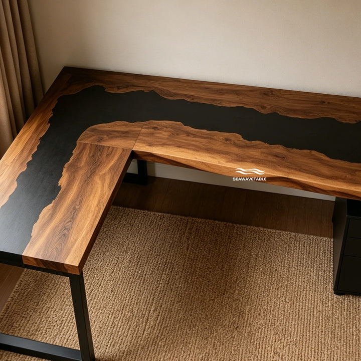 Seawavetable‑Executive black epoxy river table black walnut seamless L‑shaped dual‑arm workspace furniture