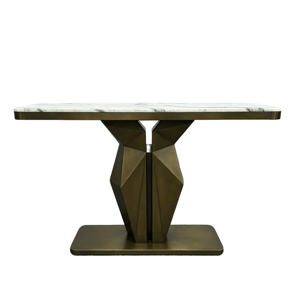 Modern angular pedestal metal table base with geometric faceted design and rectangular support base for custom tables