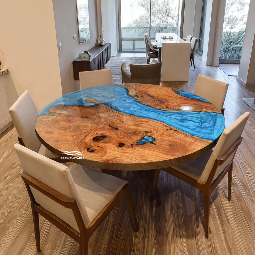 Seawavetable-Round beech wood epoxy coffee table with ocean blue resin river, high-gloss finish
