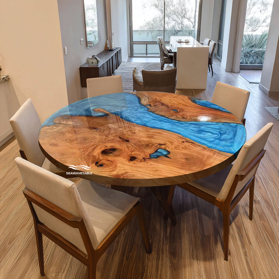 Seawavetable-Round beech wood epoxy coffee table with ocean blue resin river, high-gloss finish