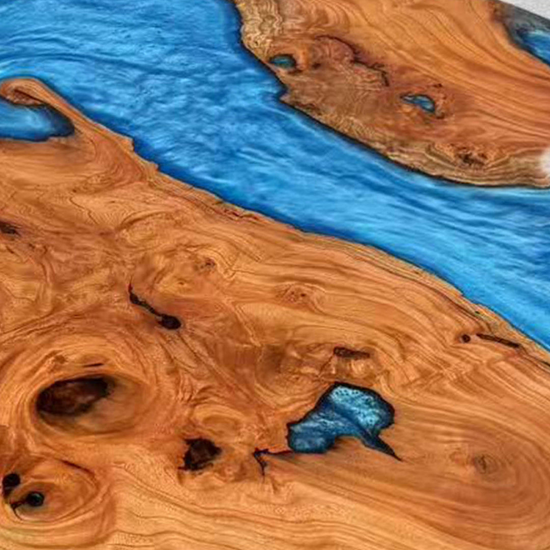 Seawavetable-Unique one-of-a-kind custom epoxy table round beech wood with natural grain and blue resin