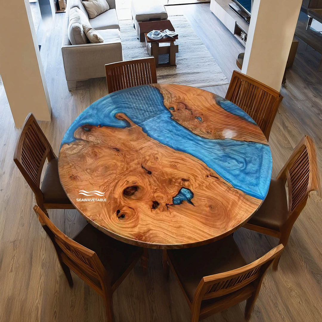 Seawavetable-Handcrafted epoxy river table round beech wood with multi-tone ocean blue resin