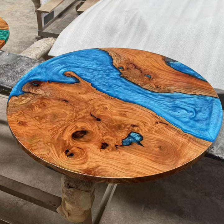 Seawavetable-Luxury beech wood epoxy table round shape, ocean blue resin high-gloss statement piece