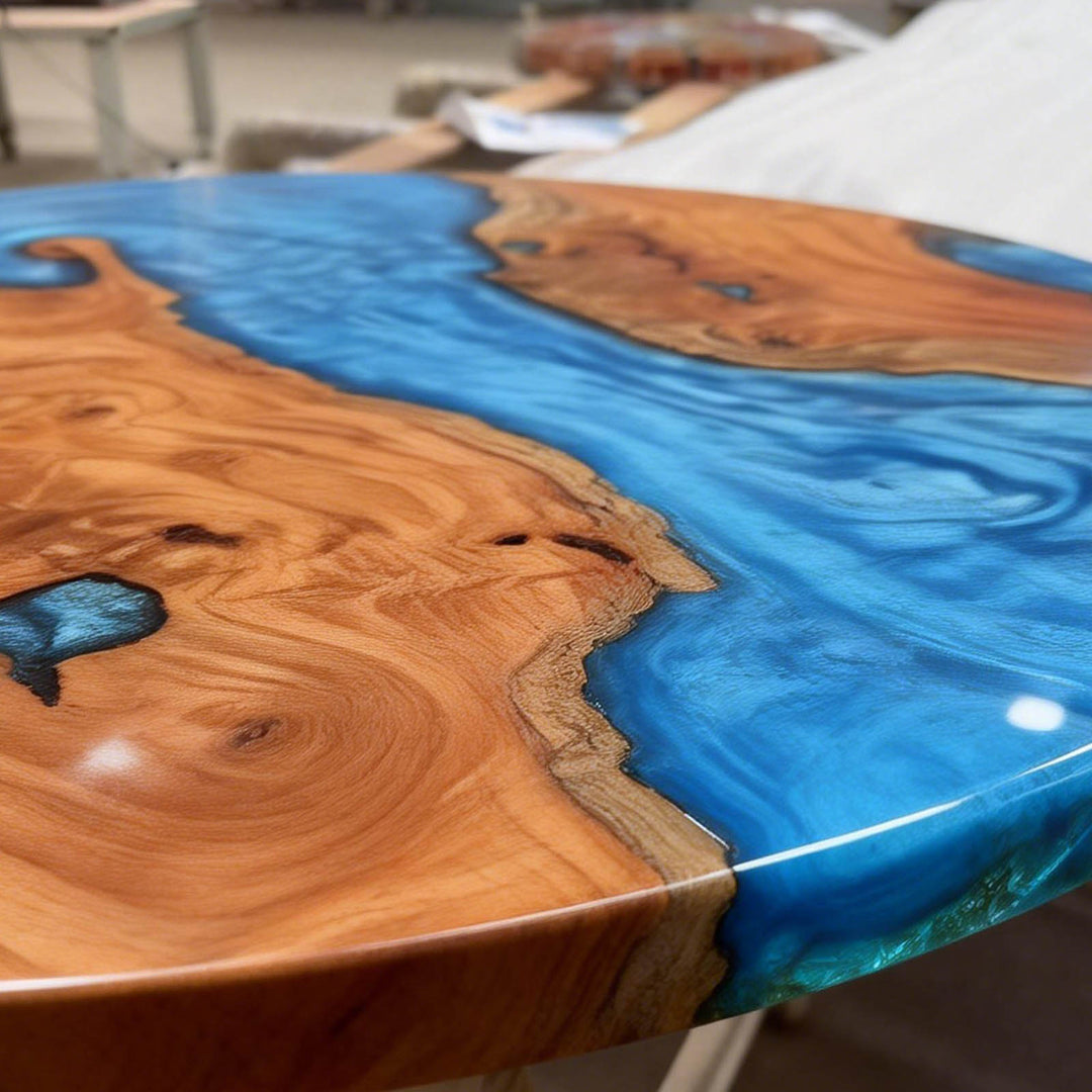 Seawavetable-Modern statement epoxy table round beech wood with flowing ocean blue resin design