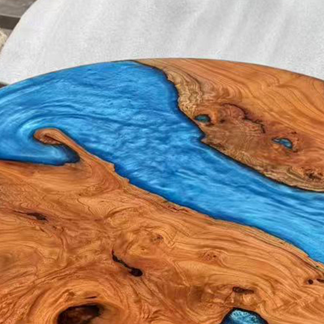 Seawavetable-High-gloss polished round blue epoxy river table beech wood for living room