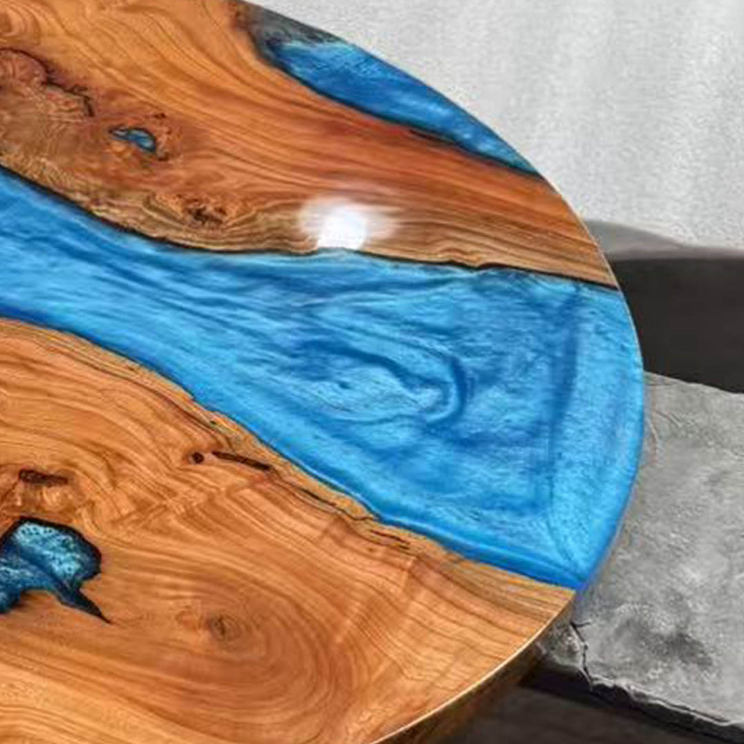 Seawavetable-Artisan functional art epoxy table round beech wood with ocean-inspired blue resin