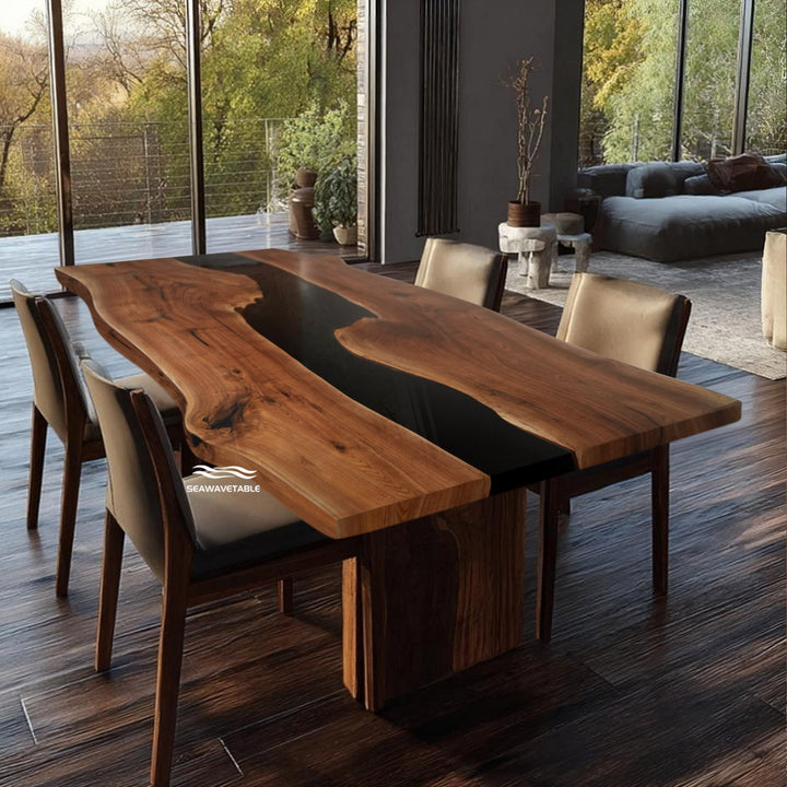 Seawavetable-sleek black epoxy resin conference table made with black walnut wood