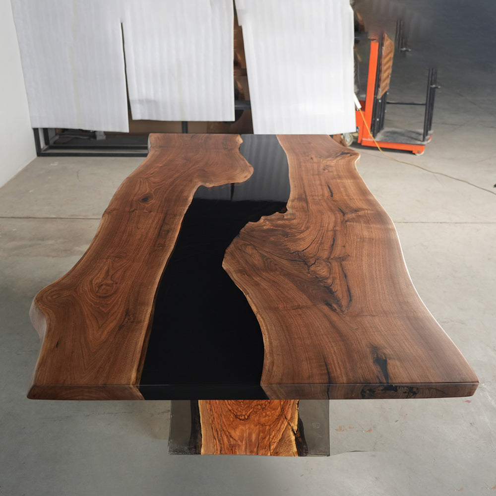 Seawavetable-custom epoxy resin wood table in black walnut for modern dining room