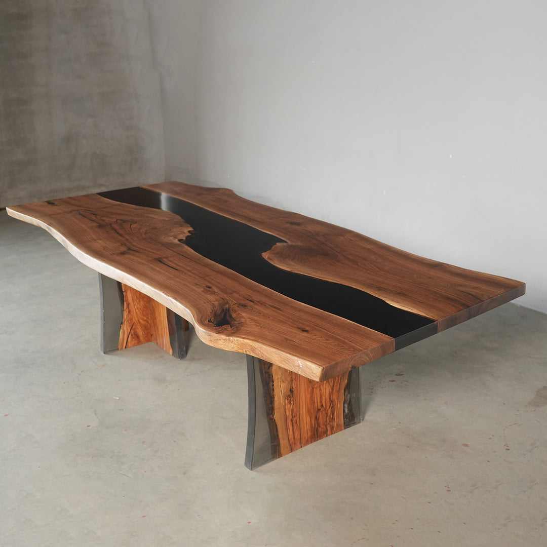 Seawavetable-contemporary epoxy resin wood table with dark resin center