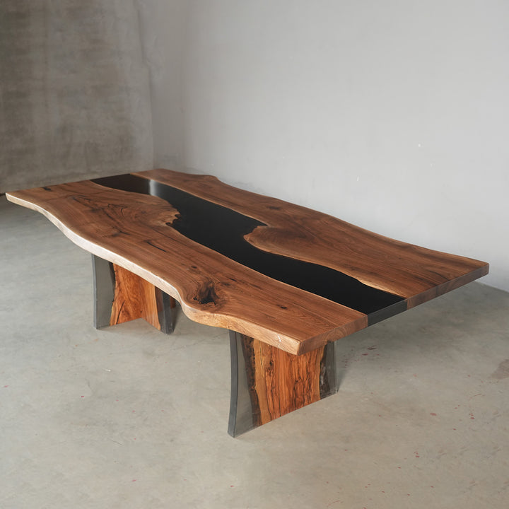Seawavetable-contemporary epoxy resin wood table with dark resin center