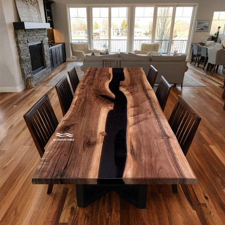 Seawavetable-Black walnut live edge resin dining table with black epoxy river