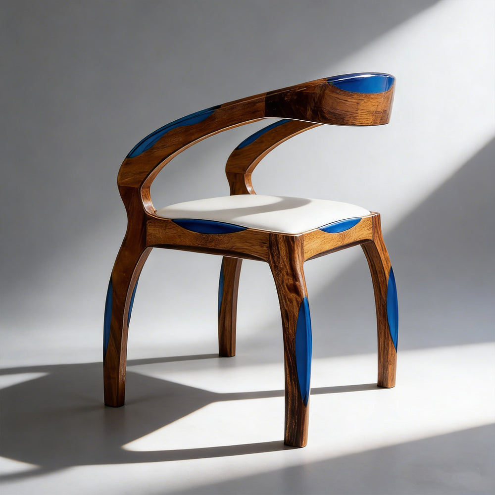 Luxury wooden chair with sculptural frame and resin inlay accents
