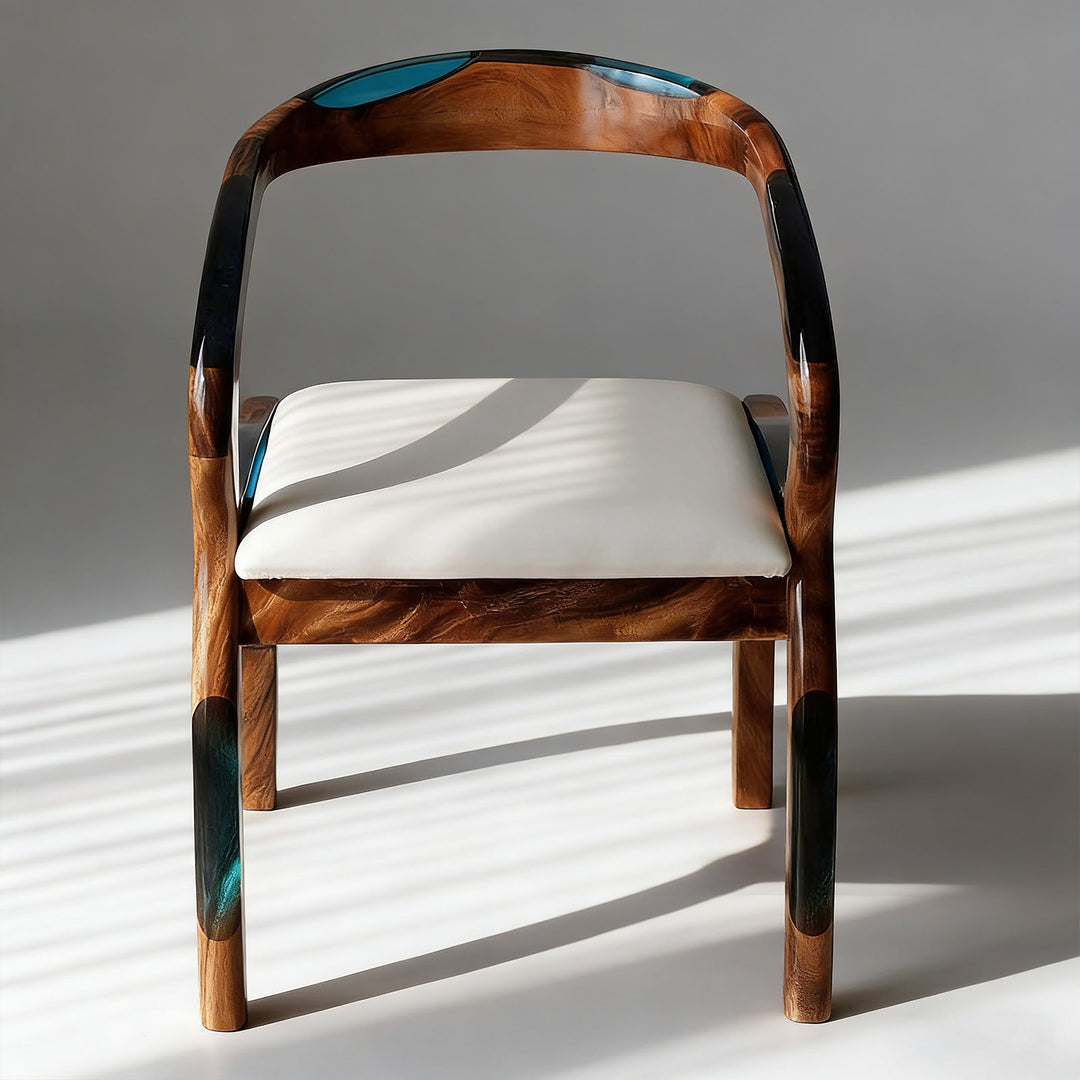 Solid wood accent chair with blue resin inlay and upholstered seat