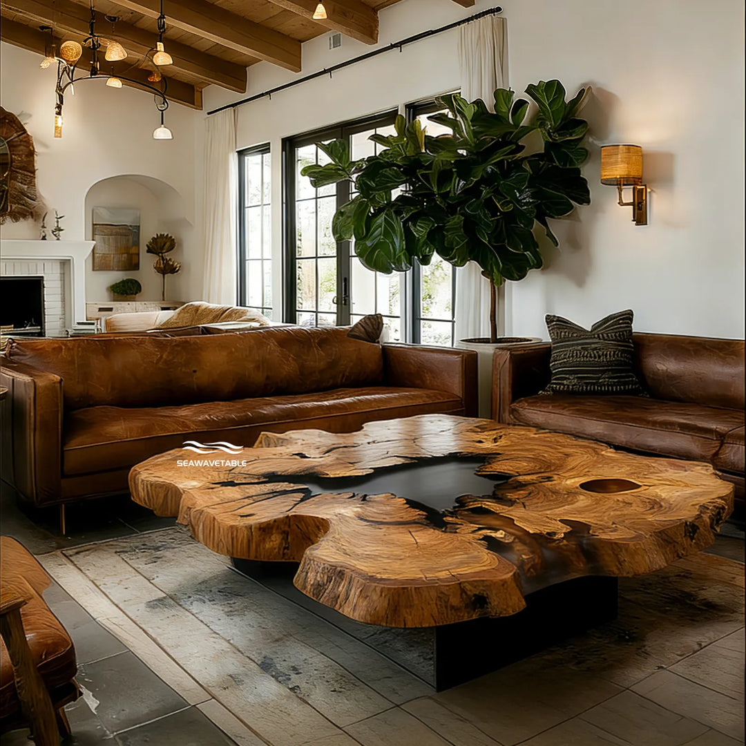 Seawavetable-Olive wood full matte cross-section table on custom matching base