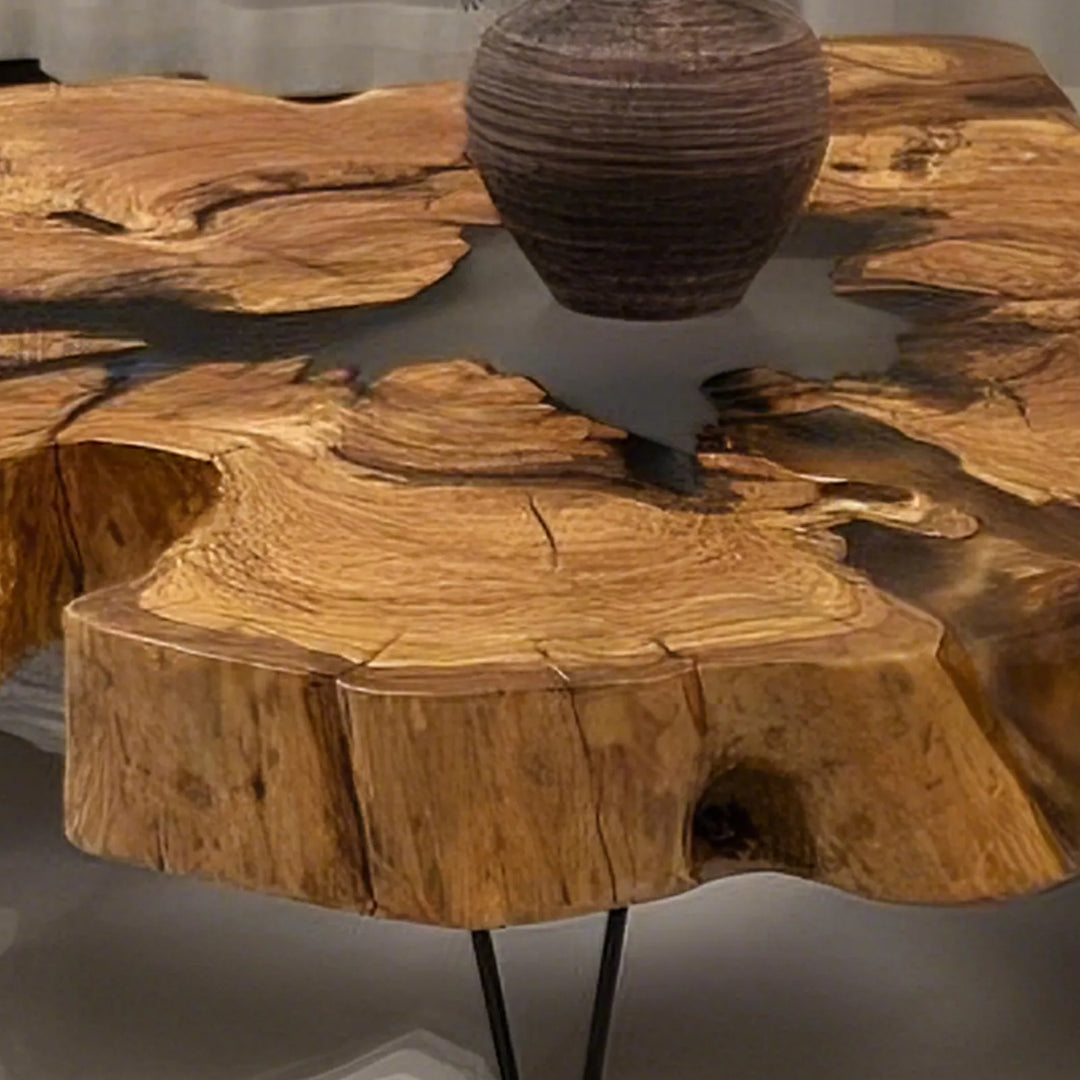 Seawavetable-Live edge olive wood cross-section table with subtle matte finish