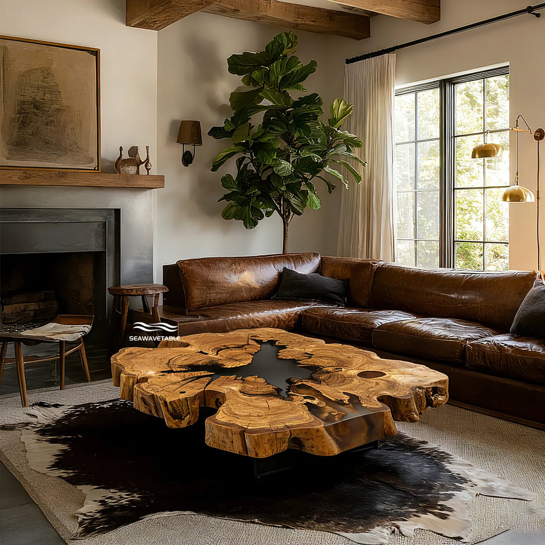 Seawavetable-Handcrafted olive wood table 59 inch diameter full matte