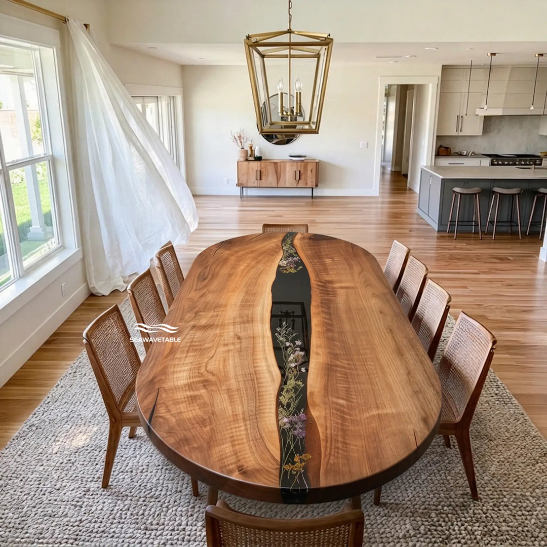 Seawavetable-Oval solid black walnut epoxy river dining table embedded dried flowers high gloss