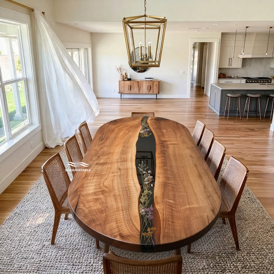 Seawavetable-Oval solid black walnut epoxy river dining table embedded dried flowers high gloss