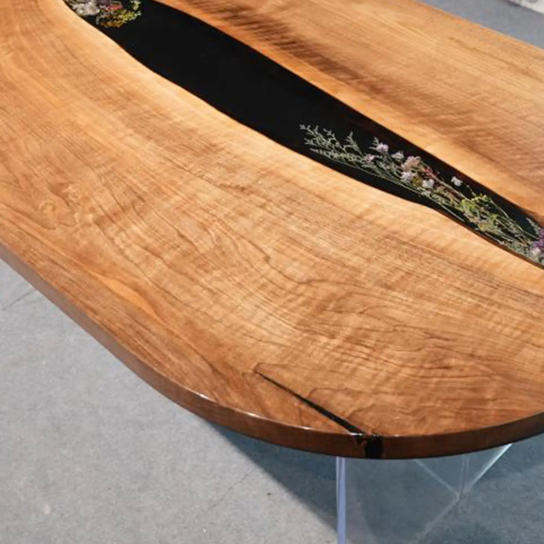 Seawavetable-Handcrafted oval black walnut table layered black and clear resin