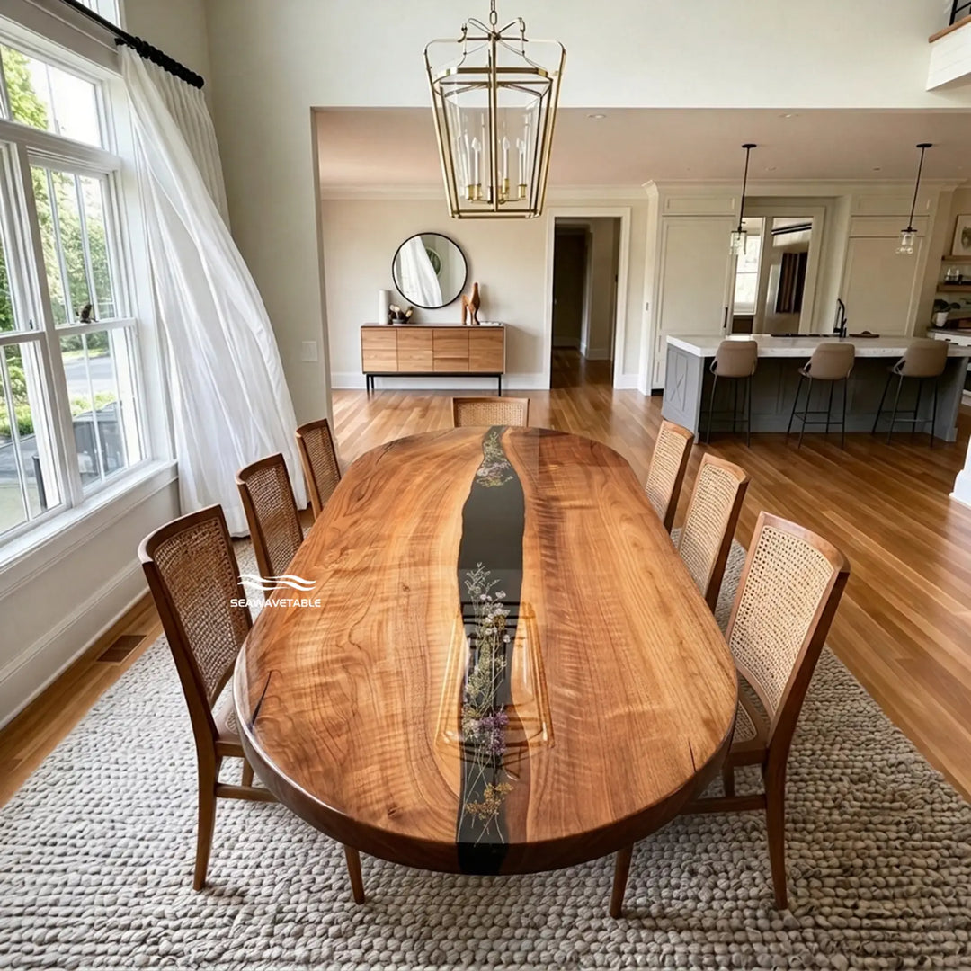 Seawavetable-Handmade black walnut slab oval dining table with botanicals in resin