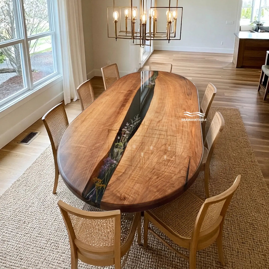 Seawavetable-Modern oval black resin river table with preserved dried wildflowers