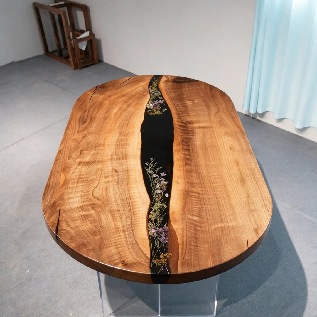Seawavetable-Luxury high gloss black walnut resin dining table straight edge