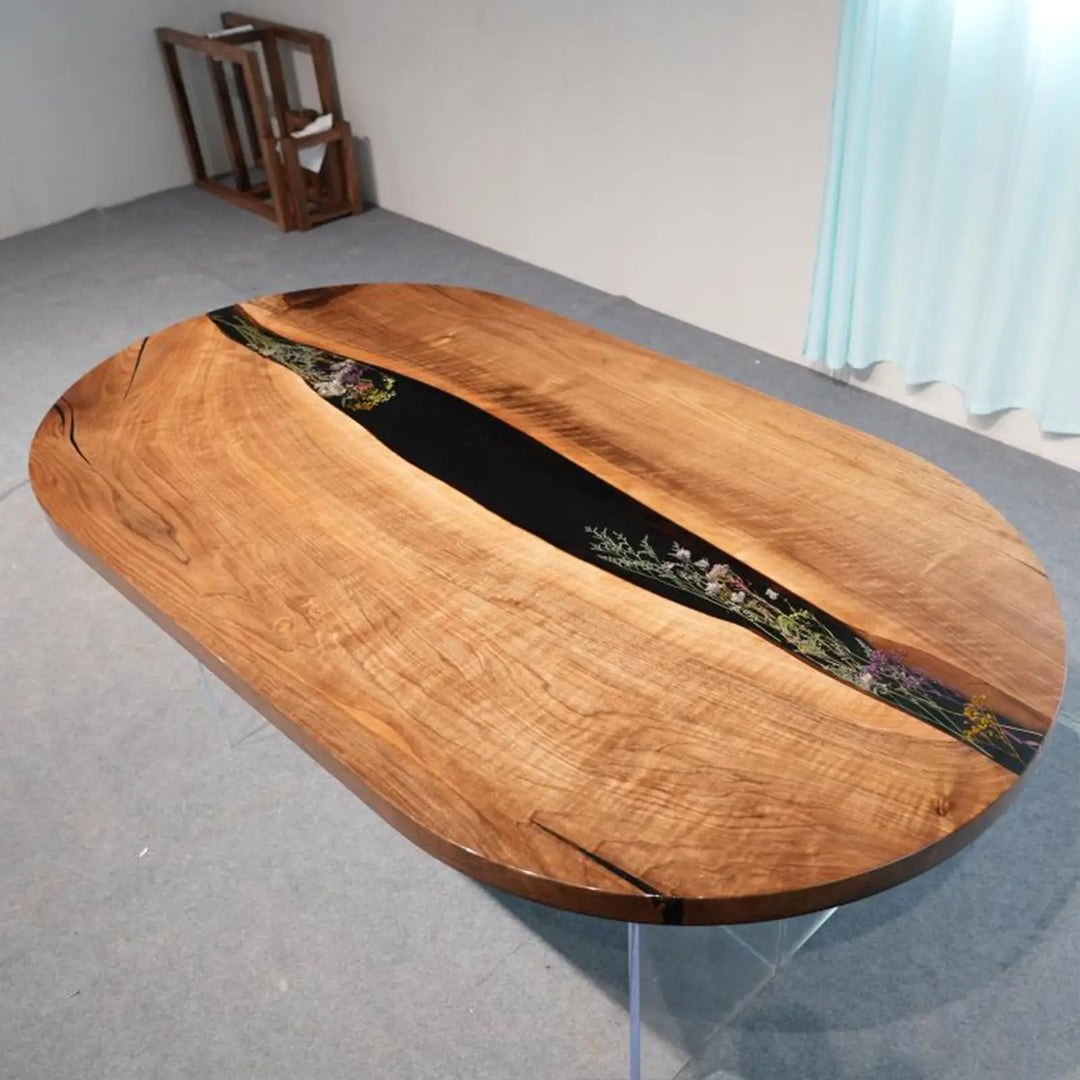 Seawavetable-72 inch oval black walnut dining table with flower embedded epoxy