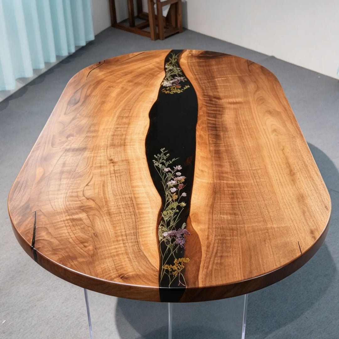 Seawavetable-Natural flowing walnut grain oval epoxy river dining table