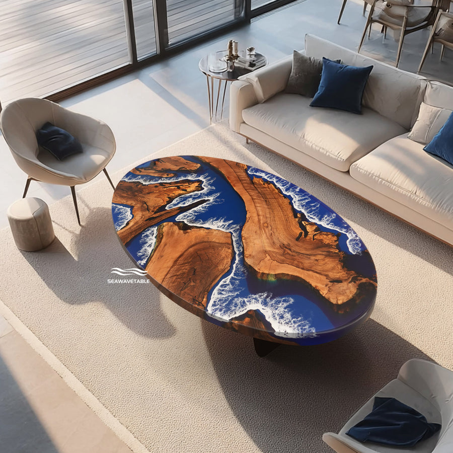 Seawavetable
Modern oval epoxy dining table with swirling blue and white wave resin and natural hardwood set against a cityscape window view.