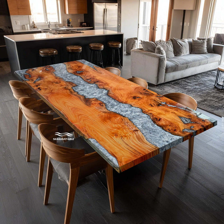 Seawavetable-High-gloss beech wood resin table in Pennsylvania home