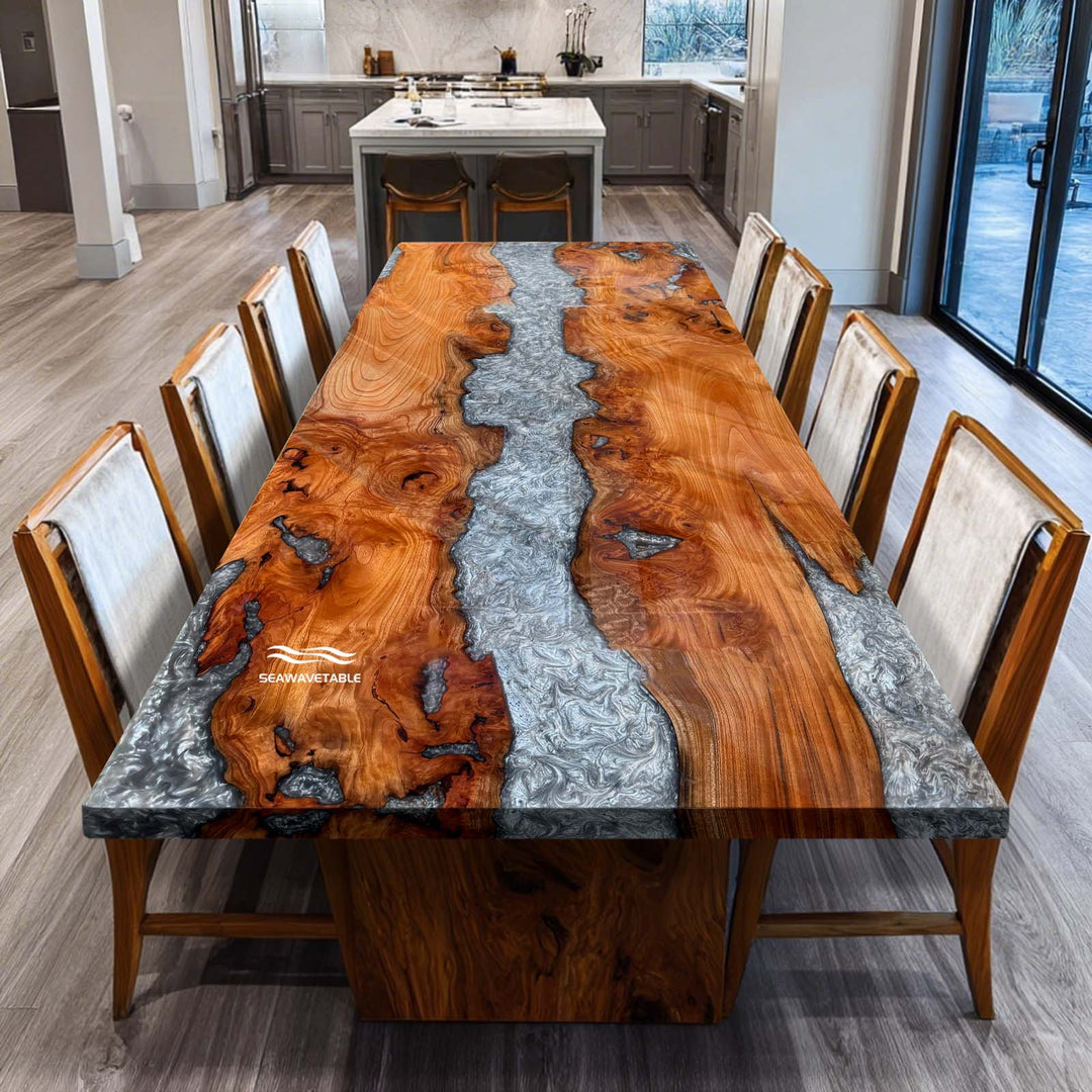 Seawavetable-Contemporary straight edge resin dining table with metallic gray