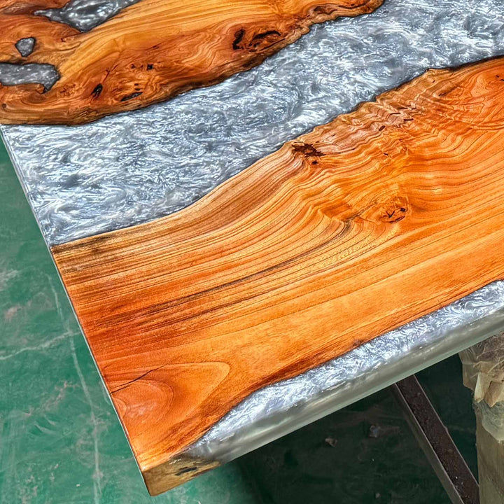 Seawavetable-Modern office desk made of beech wood and silver gray resin table