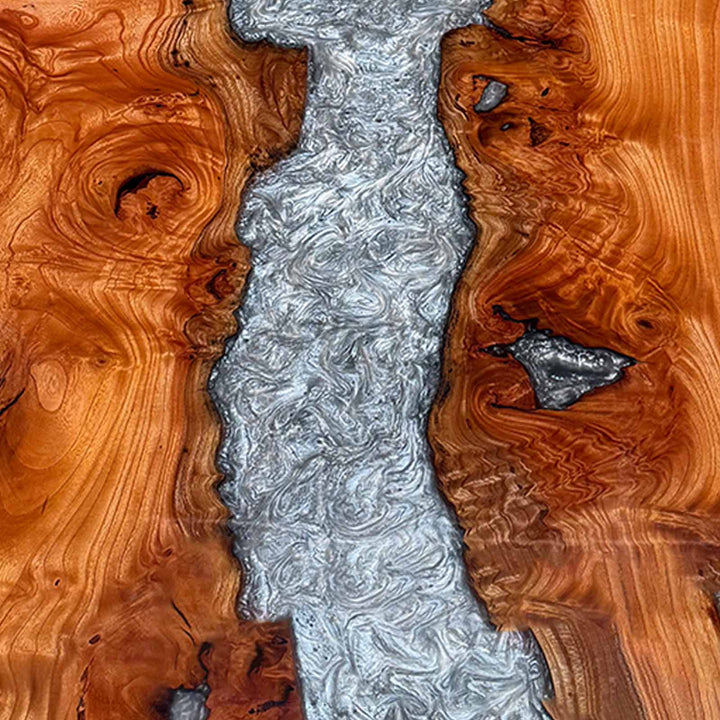 Seawavetable-Solid beech slab resin table with high-gloss metallic gray surface