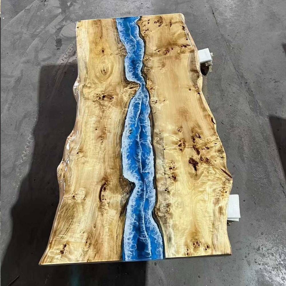 Seawavetable-Coastal blue gradient resin table with live edge poplar