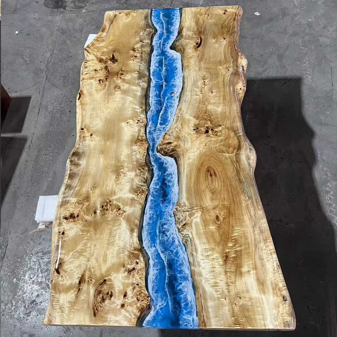 Seawavetable-Live edge poplar resin river table blue gradient
