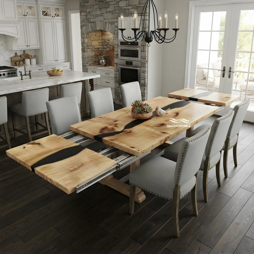 Seawavetable-handcrafted poplar wood epoxy extendable table modern black river resin art for family gatherings